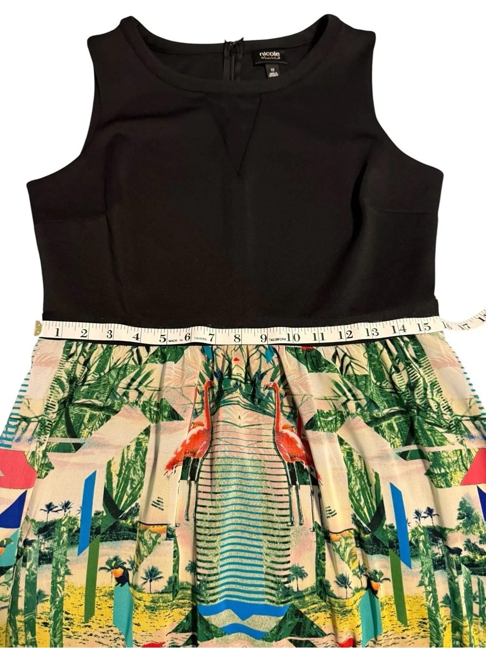 Nicole Tropical Flamingo Print Black Bodice Sheer Panel Sleeveless Maxi Dress